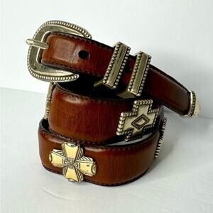 Fossil western equestrian Style Brown Leather Belt Silver small 1” Wide